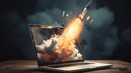 Launching Space Rocket From Laptop Screen - startup and business concept.
