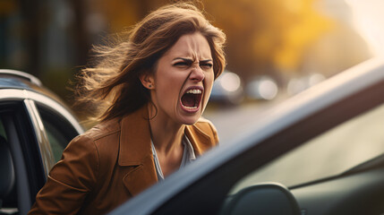Aggressive woman shouting to a car driver - Angry woman yelling in a traffic to another taxi - rode rage concept - obrazy, fototapety, plakaty