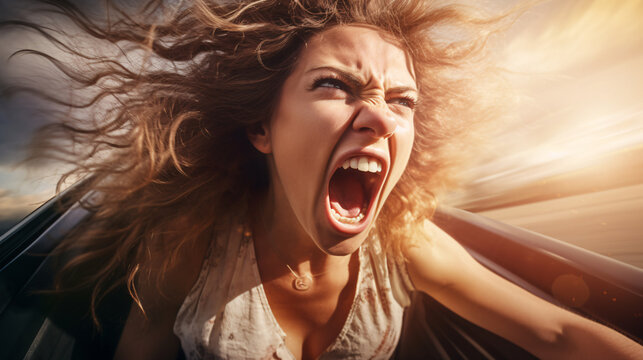 Aggressive woman driving car shouting at camera - woman yelling in anger - rode rage concept
