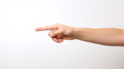 girl hand pointing left on a isolated white background - Index finger pressing something, closeup of hand