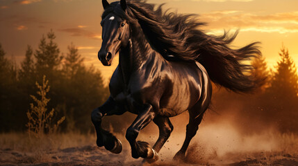 majestic black horse running full stride in a beautiful evening - black stallion running in the wild,