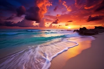 Deurstickers Stunning sunset. Vibrant sunset descending on the horizon, colorful sea, small waves gently touching the sands, amazing clouds on sky, Generative AI  © Ashutosh