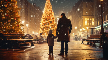 A father and child in the city square at night with a lit up Christmas tree in the background, winter season, happy holidays - obrazy, fototapety, plakaty