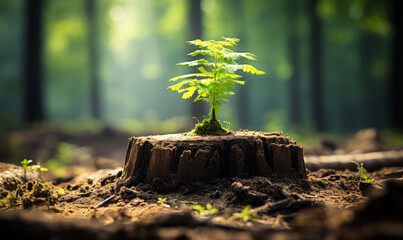 Continuity of Life: Young Tree Sprouting from Old Stump - obrazy, fototapety, plakaty