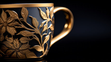 A close-up of a black and gold mug with a floral pattern