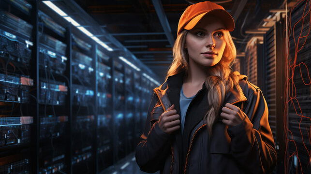 portrait of a female engineer inside a data center - network engineer with confident look