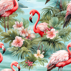 Seamless pattern, Flamingo Vintage style , watercolor design, AI generated