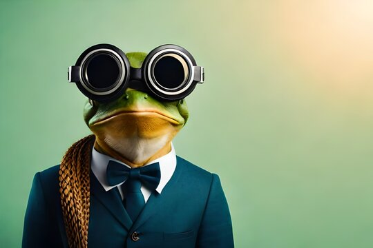 character of man in frog mask, character is portraying frog 