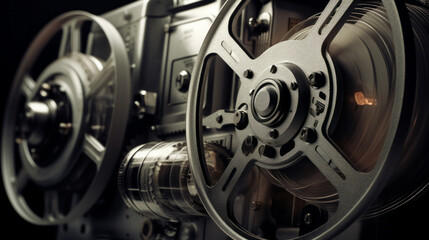 A close-up of a retro film projector's reels and lenses, evoking a sense of nostalgia