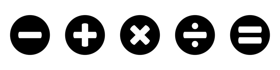 Obraz premium Basic mathematical icon, basic mathematical symbol. Set of mathematical symbols: plus, minus, multiplication, division, equals. Isolated vector illustration on a white background.