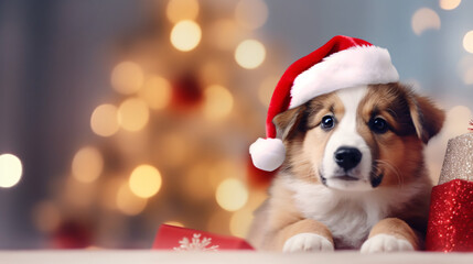 Cute dog with Santa hat and christmass gifts at the bokeh background banner, copy space
