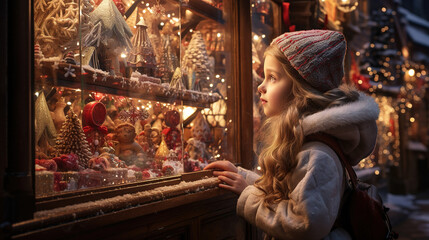 Cute Little Girl Gazes at Christmas Candies Through Store Window