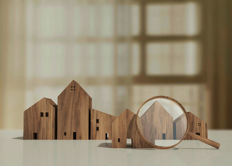 A group of wooden houses with a magnifying glass on the table housing and real estate concept