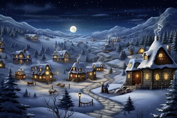 christmas village winter at night backdrop, Christmas background, AI Generated