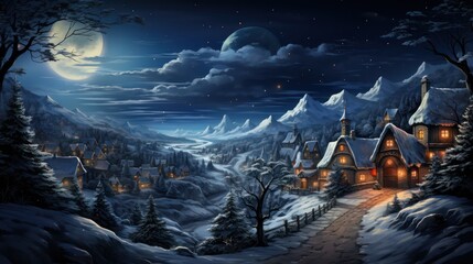 Flying reindeer and Santa sleigh , Christmas gifts, full moon background, starry sky,  winter, Generative AI