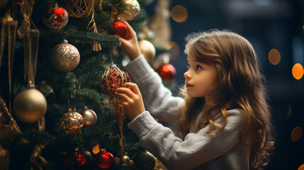 Cute girl decorating christmass tree with ornaments - obrazy, fototapety, plakaty