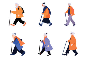 Fototapeta na wymiar Hand Drawn Elderly characters walk with canes in flat style