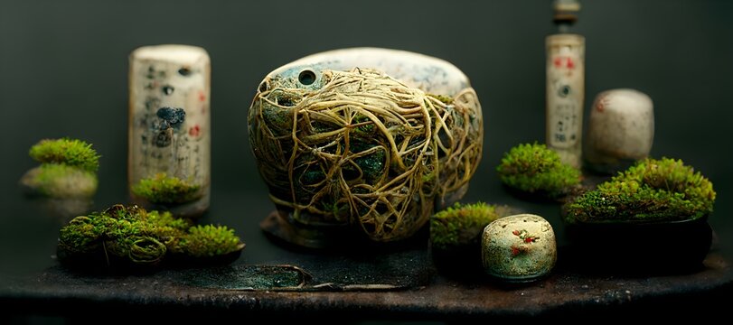 A Japanese still life with wet moss enoki mushrooms bamboo rocks and metal Nambu Tekki wire kokeshi doll wide shot highly detailed octane photorealistic 8k render golden ratio rule of thirds 