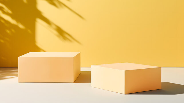 Empty two boxes for product placement with minimalist yellow wall background