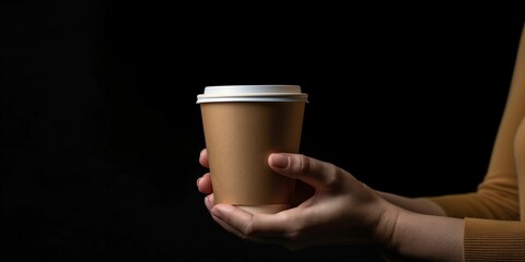 Female Hand Holding a Brown Coffee Paper Cup on Black Background. Elegant Coffee Cup Mockup
