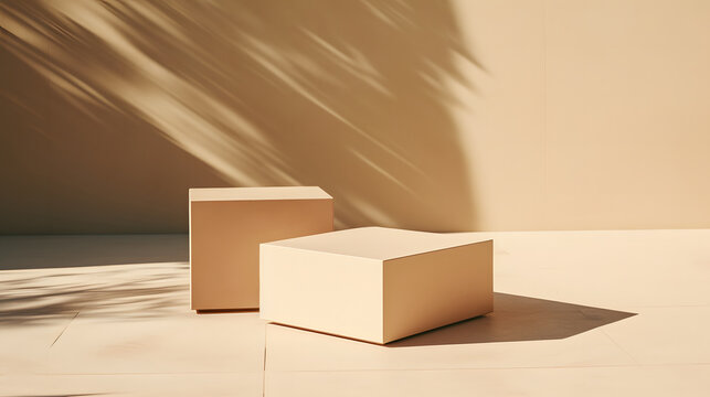 Empty two boxes for product placement or product advertisement with minimalist beige wall background