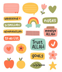Islamic diary stickers. Words, characters and quotes for planner journal. Trendy notebook decor with flower, islamic quotes, heart shape, rainbow etc. - obrazy, fototapety, plakaty