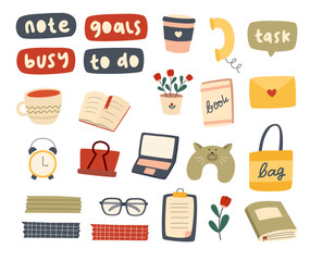 Diary stickers. Words, characters and quotes for planner journal. Trendy notebook decor with book, notebook, paper, glass etc