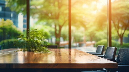 Blurred conference room interior in an office setting with a transparent window overlooking a garden full of trees in the morning light, devoid of any individuals. Professional setting for business