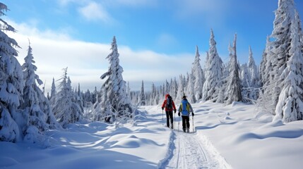 Fototapeta na wymiar Snowshoeing. Peaceful walks through snow-covered landscapes