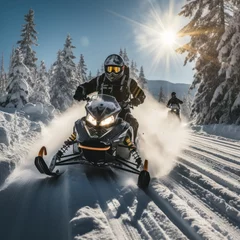 Fotobehang Snowmobiling. Adventurous rides through snowy terrain © olegganko