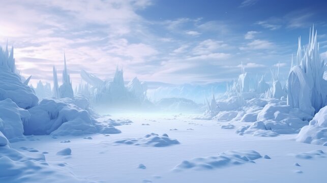 Winter-themed abstract landscape background with a surreal and dreamlike atmosphere, presented as a 3D rendering