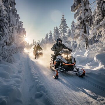 Snowmobiling. Adventurous rides through snowy terrain