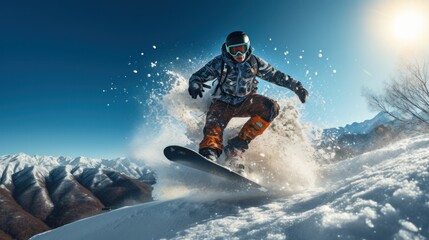 Fototapeta na wymiar Snowboarding. Thrilling jumps and tricks in snowy terrain