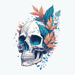 Watercolor human skull image with floral vector art. AI generate