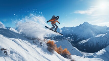 Naklejka na ściany i meble Snowboarding. Thrilling jumps and tricks in snowy terrain