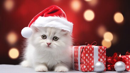 Cute white kitty with Santa hat and christmass gifts at the bokeh background banner, copy space - obrazy, fototapety, plakaty