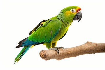Amazon parrot perched on a branch, isolated on white background. PNG. close up of Amazon. digital ai art, Generative AI 