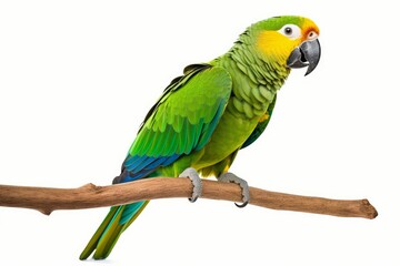 Amazon parrot perched on a branch, isolated on white background. PNG. close up of Amazon. digital ai art, Generative AI 