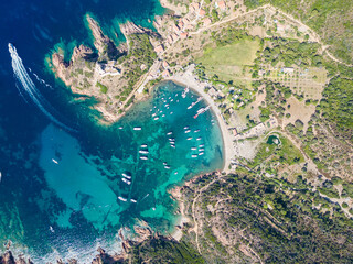 Aerial drone view of Port de Girolata, a remote village on Corsica island, France, Europe.
