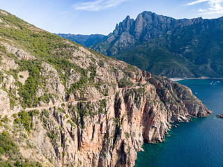Aerial drone view of the Calanches of Piana on Corsica island, France
