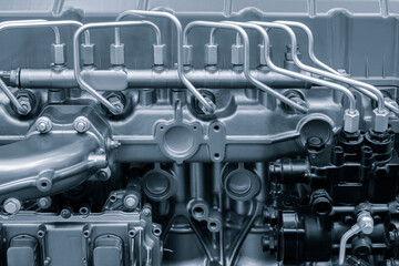 diesel engine. Fragment of a diesel motor close-up. Selective on the fuel injection in the the...