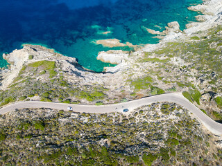 Aerial drone view of the Calanches of Piana on Corsica island, France - 654728971