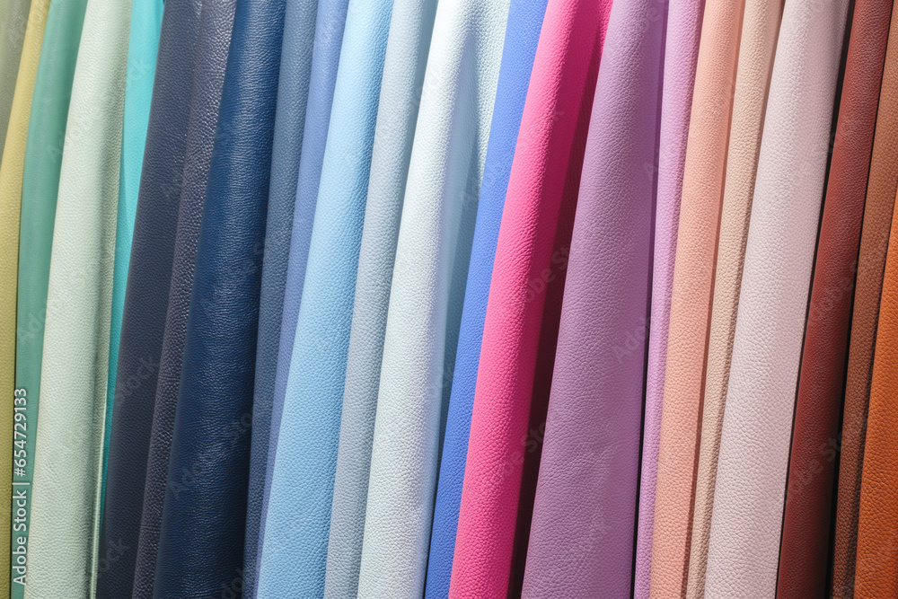 Aufkleber mix colorful hanging vertical stripe leather on the rack. texture of multicolored leather close up.