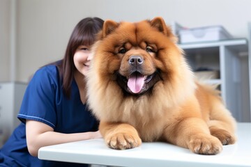 Veterinarian examining cute chow-chow dog in clinic, closeup. Beautiful chow-chow dog at the veterinarian. Sick cute pet sitting at the examination table at the animal, Generative AI 