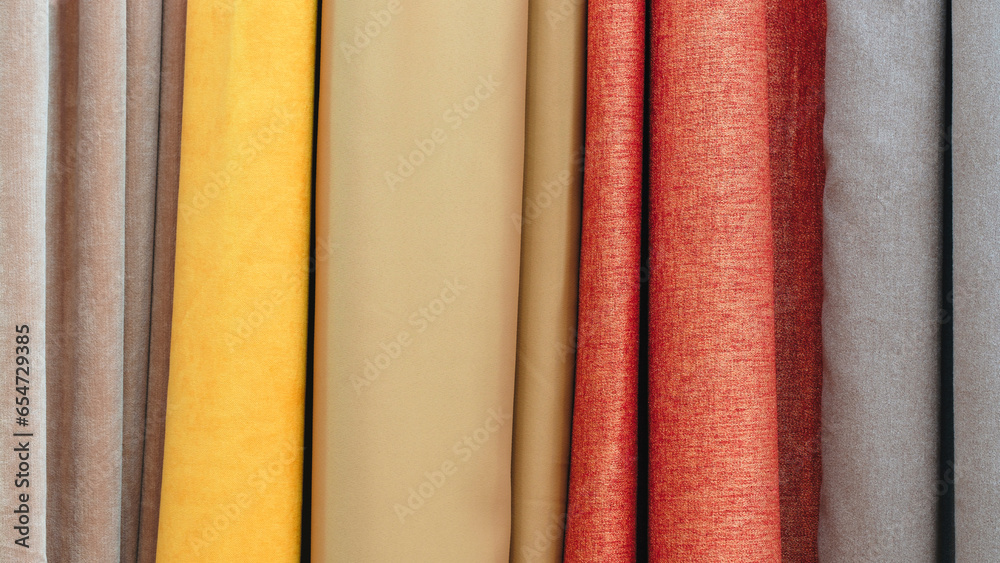 Aufkleber mix colorful hanging vertical stripe textile, fabrics, cloths on the rack. texture of multicolored f