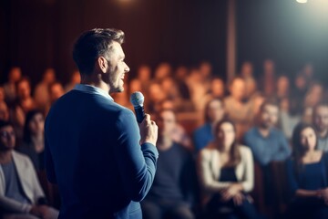 Motivational speaker with microphone performing on stage, in background people sitting in hall. Digital ai art, Generative AI  - obrazy, fototapety, plakaty