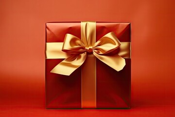 Red gift box with golden ribbon on color background. Happy New Year festival and party concept.