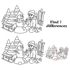 A boy makes a snowman. Find 7 differences. Tasks for children. vector illustration