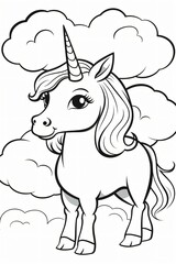 Coloring book of cute unicorn with cloud and rainbow. Black and white pattern coloring page for kids