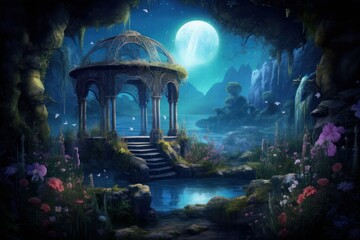 Enchanted Garden. A gazebo overgrown with flowers, a waterfall and a night sky with a full moon. Landscape of fairies and elves. Post-processed digital, Generative AI  - obrazy, fototapety, plakaty